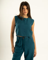 Teal Linen Crop Top Set