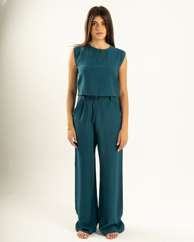 Teal Linen Crop Top Set