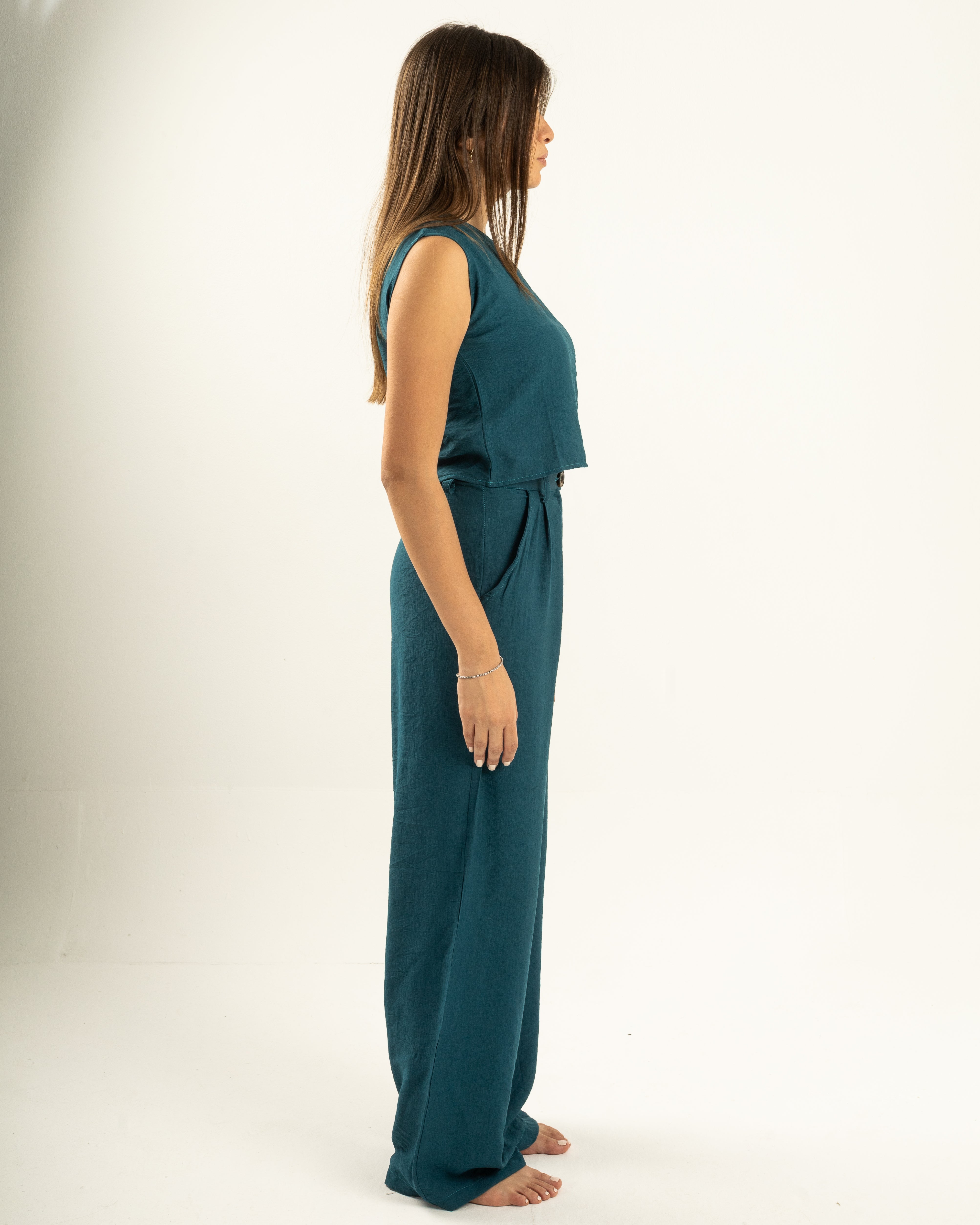 Teal Linen Crop Top Set