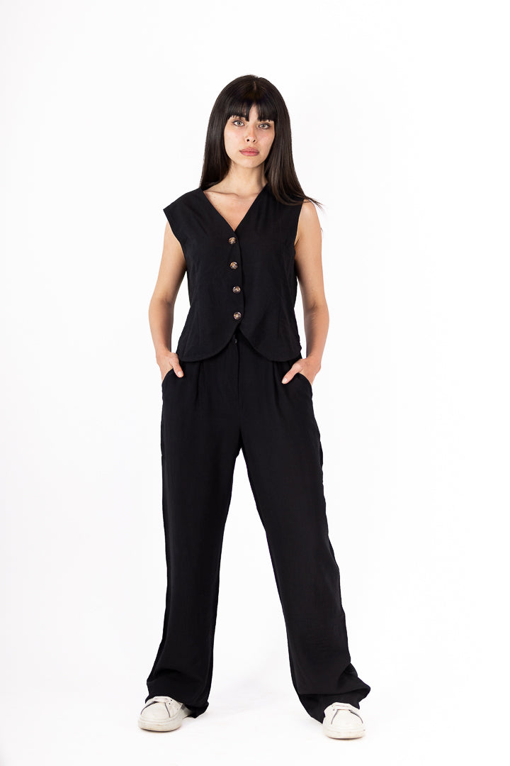 Black Linen Vest Set