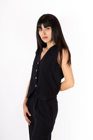 Black Linen Vest Set