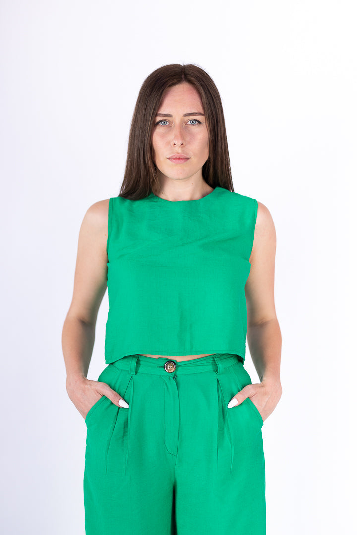 Green Linen Crop Top Set