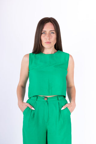 Green Linen Crop Top Set